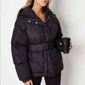 Black Puffer Coat with Belt and Front Pockets